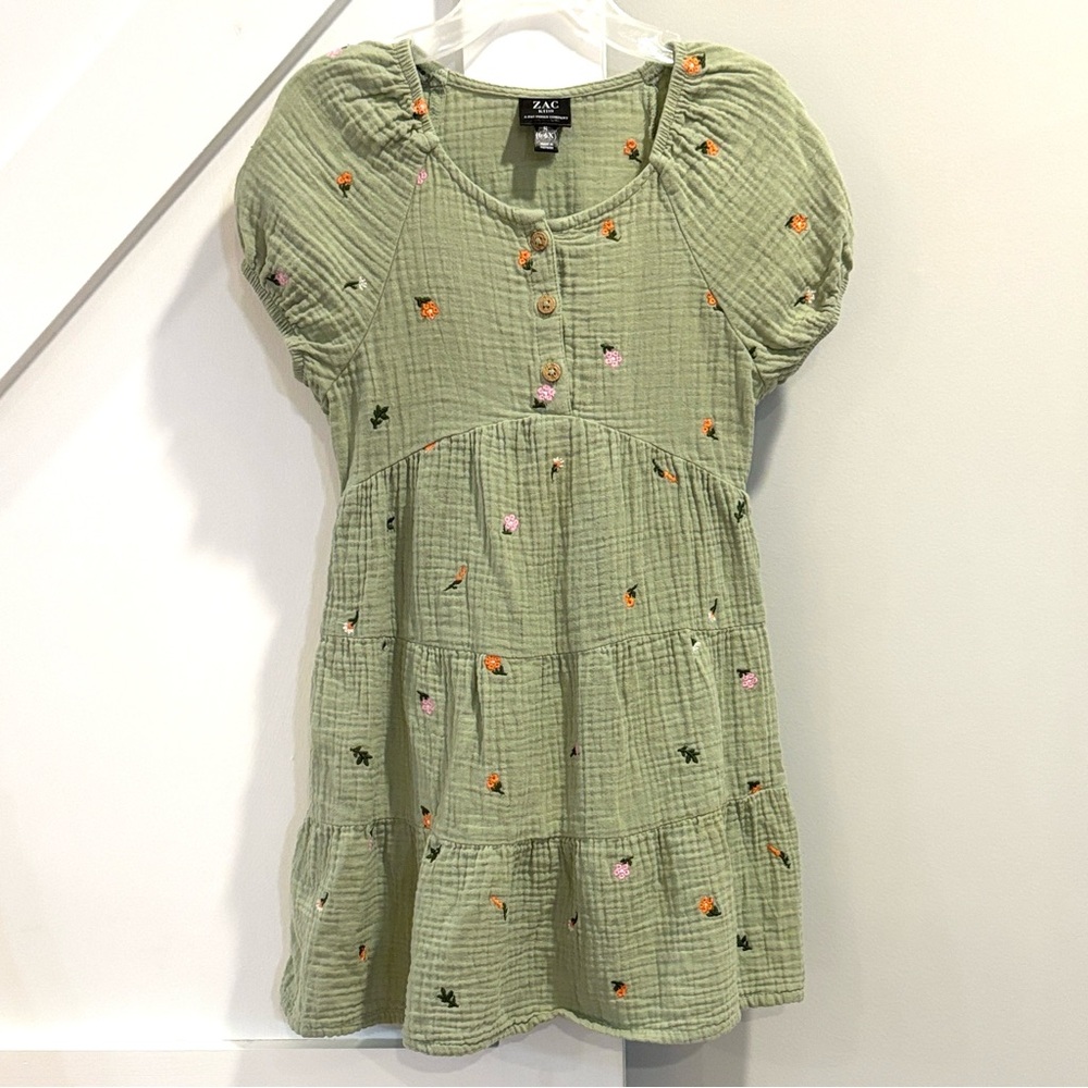 Embroidered Floral Tiered Crepe Linen Like Sage Green Peasant Sleeve Sun Dress